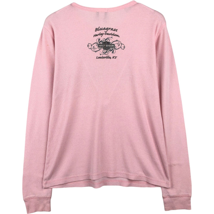 2000'S Harley-Davidson Motorcycle Sequined Thermal Long-Sleeve T-Shirt (Waffle Knit) - Women's Size XL (approx.) cotton pink type Vintage Second Hand