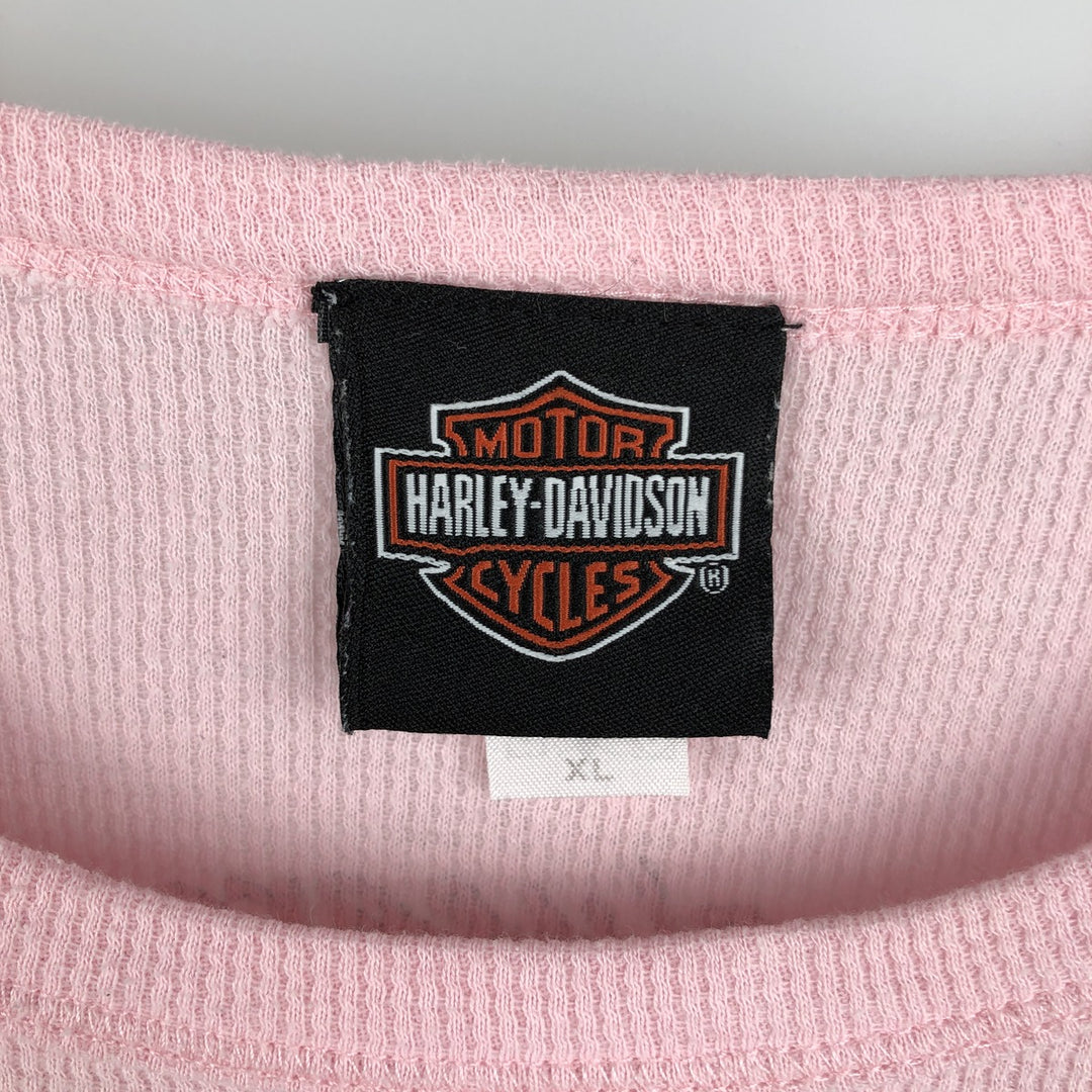 2000'S Harley-Davidson Motorcycle Sequined Thermal Long-Sleeve T-Shirt (Waffle Knit) - Women's Size XL (approx.) cotton pink type Vintage Second Hand