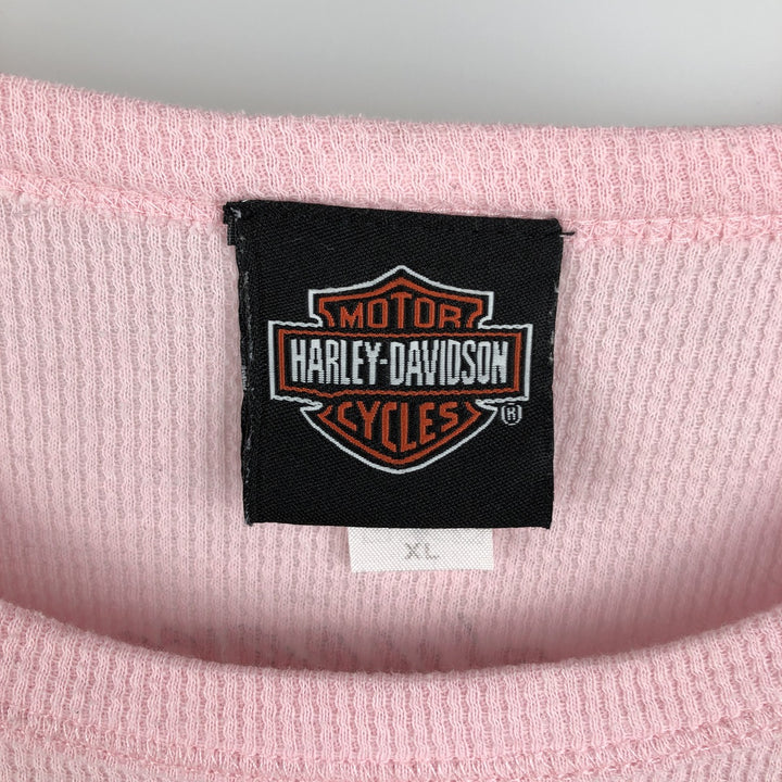 2000'S Harley-Davidson Motorcycle Sequined Thermal Long-Sleeve T-Shirt (Waffle Knit) - Women's Size XL (approx.) cotton pink type Vintage Second Hand