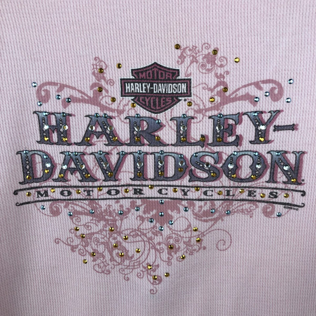 2000'S Harley-Davidson Motorcycle Sequined Thermal Long-Sleeve T-Shirt (Waffle Knit) - Women's Size XL (approx.) cotton pink type Vintage Second Hand