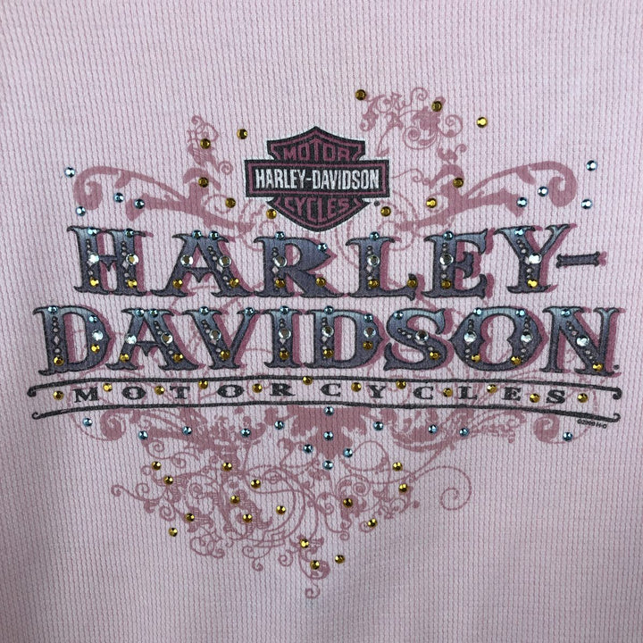 2000'S Harley-Davidson Motorcycle Sequined Thermal Long-Sleeve T-Shirt (Waffle Knit) - Women's Size XL (approx.) cotton pink type Vintage Second Hand
