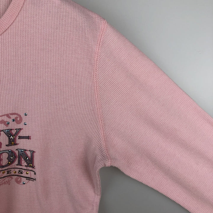 2000'S Harley-Davidson Motorcycle Sequined Thermal Long-Sleeve T-Shirt (Waffle Knit) - Women's Size XL (approx.) cotton pink type Vintage Second Hand