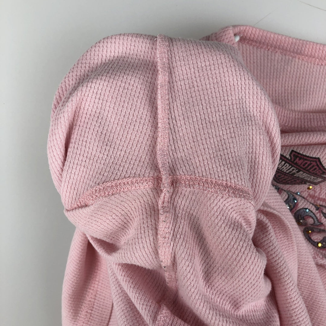 2000'S Harley-Davidson Motorcycle Sequined Thermal Long-Sleeve T-Shirt (Waffle Knit) - Women's Size XL (approx.) cotton pink type Vintage Second Hand