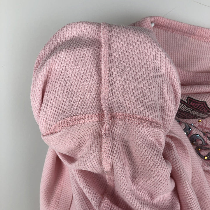 2000'S Harley-Davidson Motorcycle Sequined Thermal Long-Sleeve T-Shirt (Waffle Knit) - Women's Size XL (approx.) cotton pink type Vintage Second Hand