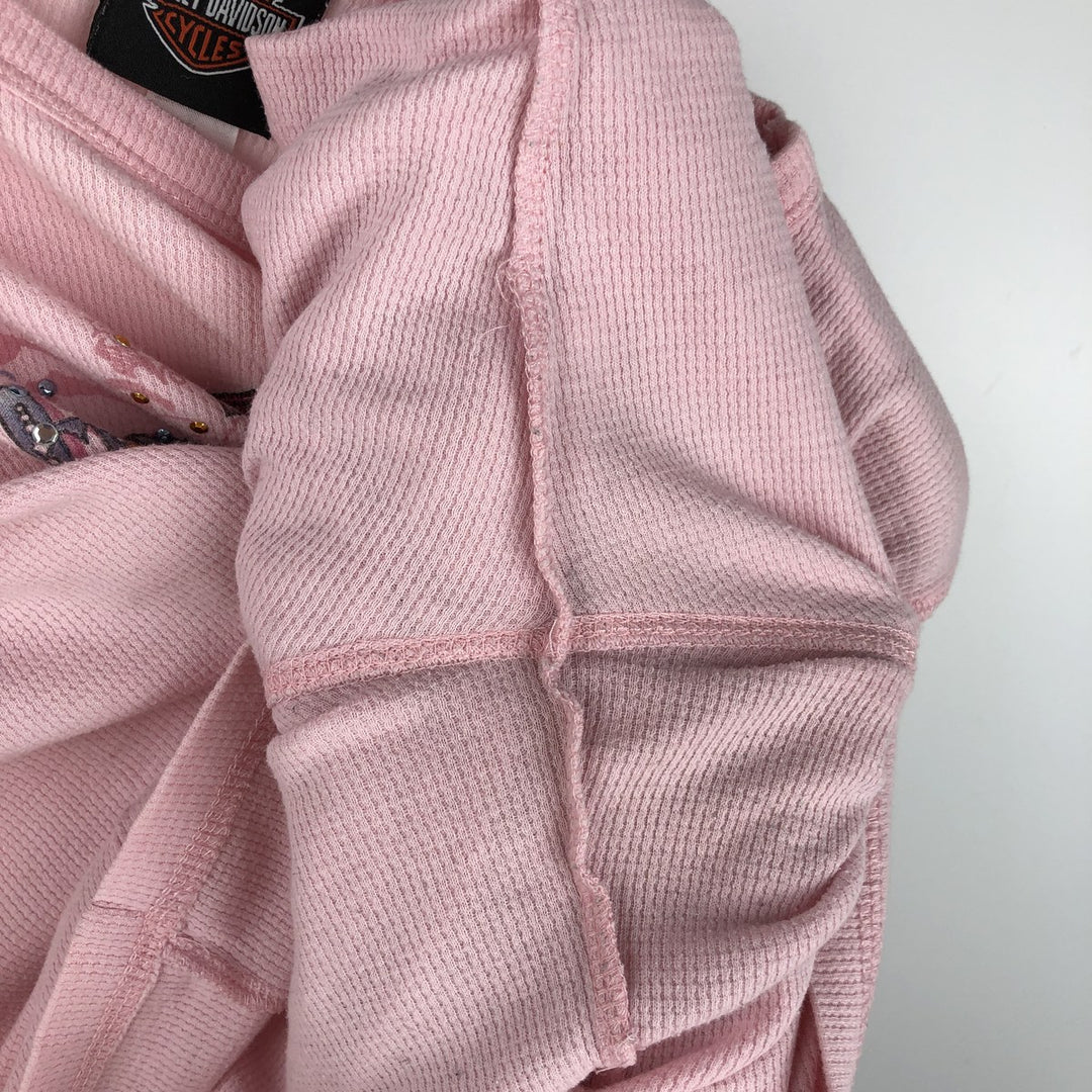 2000'S Harley-Davidson Motorcycle Sequined Thermal Long-Sleeve T-Shirt (Waffle Knit) - Women's Size XL (approx.) cotton pink type Vintage Second Hand