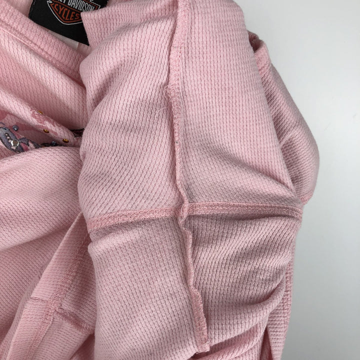 2000'S Harley-Davidson Motorcycle Sequined Thermal Long-Sleeve T-Shirt (Waffle Knit) - Women's Size XL (approx.) cotton pink type Vintage Second Hand