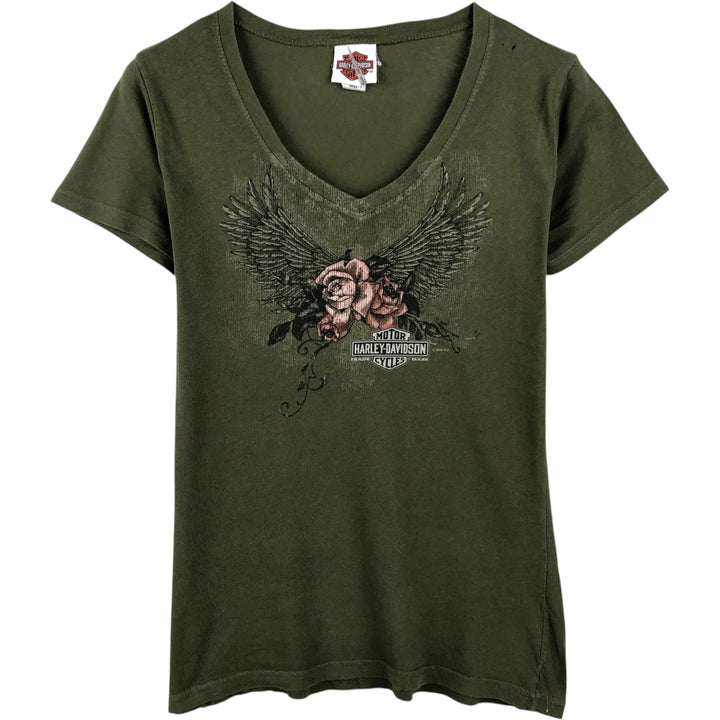 2000'S Harley-Davidson V-neck Motorcycle T-shirt, Women's Size M (approx.) cotton Khaki type Vintage Second Hand