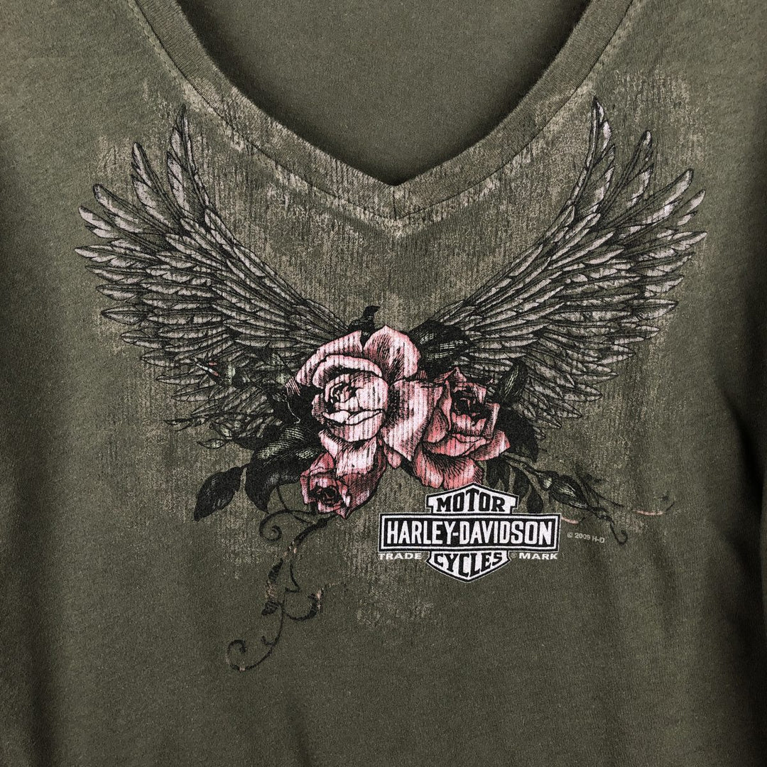 2000'S Harley-Davidson V-neck Motorcycle T-shirt, Women's Size M (approx.) cotton Khaki type Vintage Second Hand