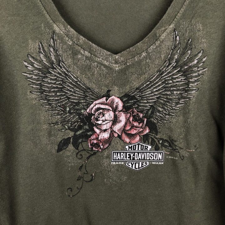 2000'S Harley-Davidson V-neck Motorcycle T-shirt, Women's Size M (approx.) cotton Khaki type Vintage Second Hand