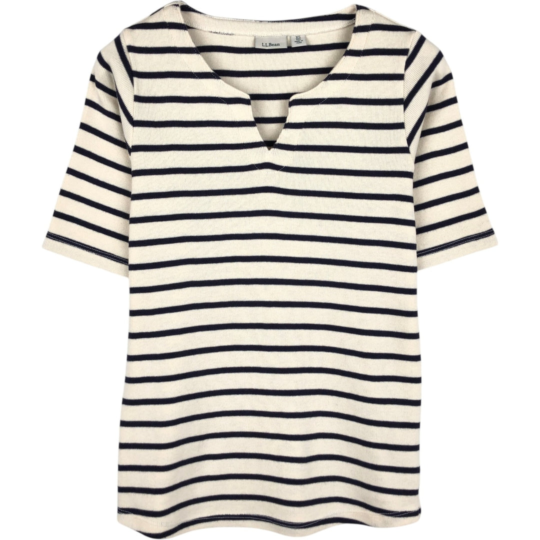 LLBean Slit Neck Short Sleeve Striped T-Shirt, Women's Size XS (approx.) cotton navy blue type Vintage Second Hand