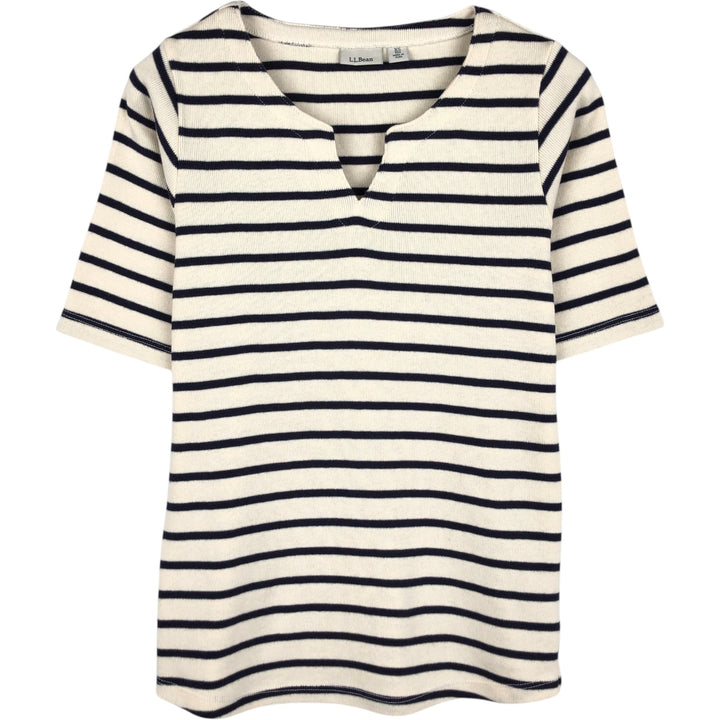 LLBean Slit Neck Short Sleeve Striped T-Shirt, Women's Size XS (approx.) cotton navy blue type Vintage Second Hand