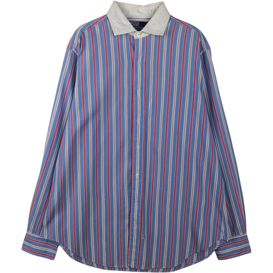 Ralph Lauren POLO by Ralph Lauren Wide Collar Multi-Stripe Long-Sleeve Striped Shirt (Men's Size L) cotton blue type Vintage Second Hand