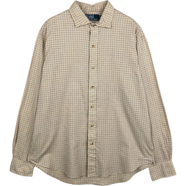Ralph Lauren POLO by Ralph Lauren Long-Sleeve Check Shirt, Men's Size L (Equivalent), Regular Collar cotton beige type brown Vintage Second Hand