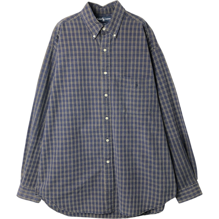 Ralph Lauren BLAIRE long sleeve button down check shirt, men's size L cotton navy blue type Vintage Second Hand