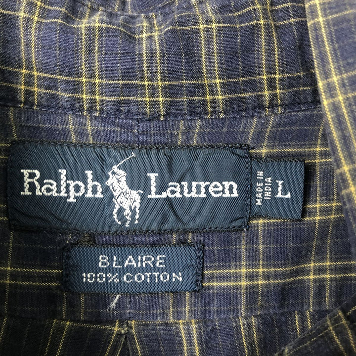 Ralph Lauren BLAIRE long sleeve button down check shirt, men's size L cotton navy blue type Vintage Second Hand