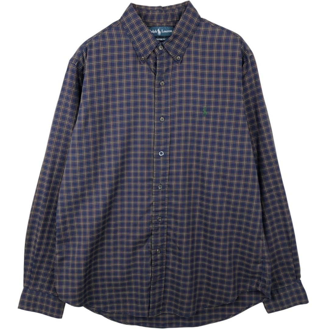 Ralph Lauren CUSTOM FIT long sleeve button down check shirt, men's size L cotton navy blue type Vintage Second Hand
