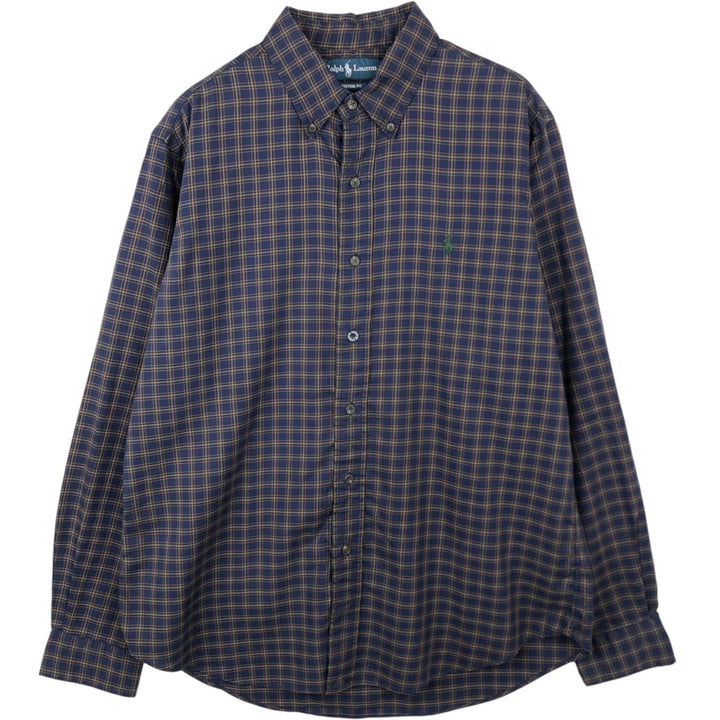 Ralph Lauren CUSTOM FIT long sleeve button down check shirt, men's size L cotton navy blue type Vintage Second Hand