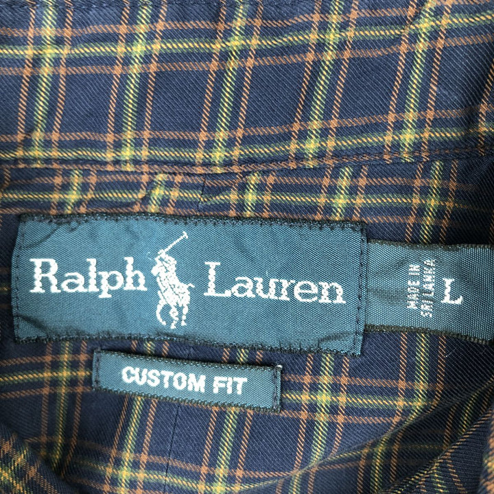 Ralph Lauren CUSTOM FIT long sleeve button down check shirt, men's size L cotton navy blue type Vintage Second Hand