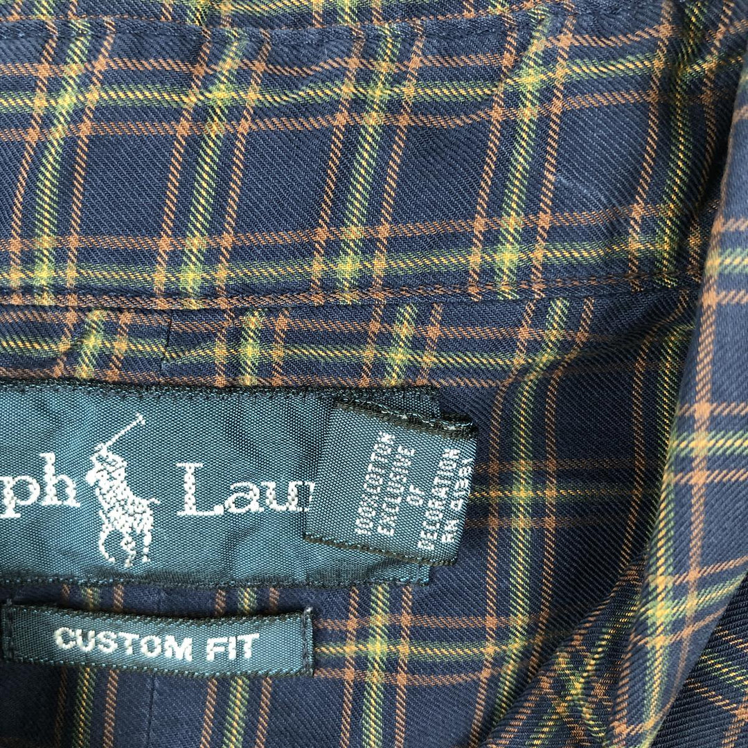 Ralph Lauren CUSTOM FIT long sleeve button down check shirt, men's size L cotton navy blue type Vintage Second Hand