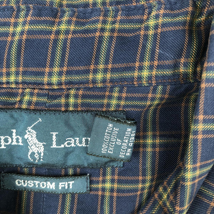 Ralph Lauren CUSTOM FIT long sleeve button down check shirt, men's size L cotton navy blue type Vintage Second Hand