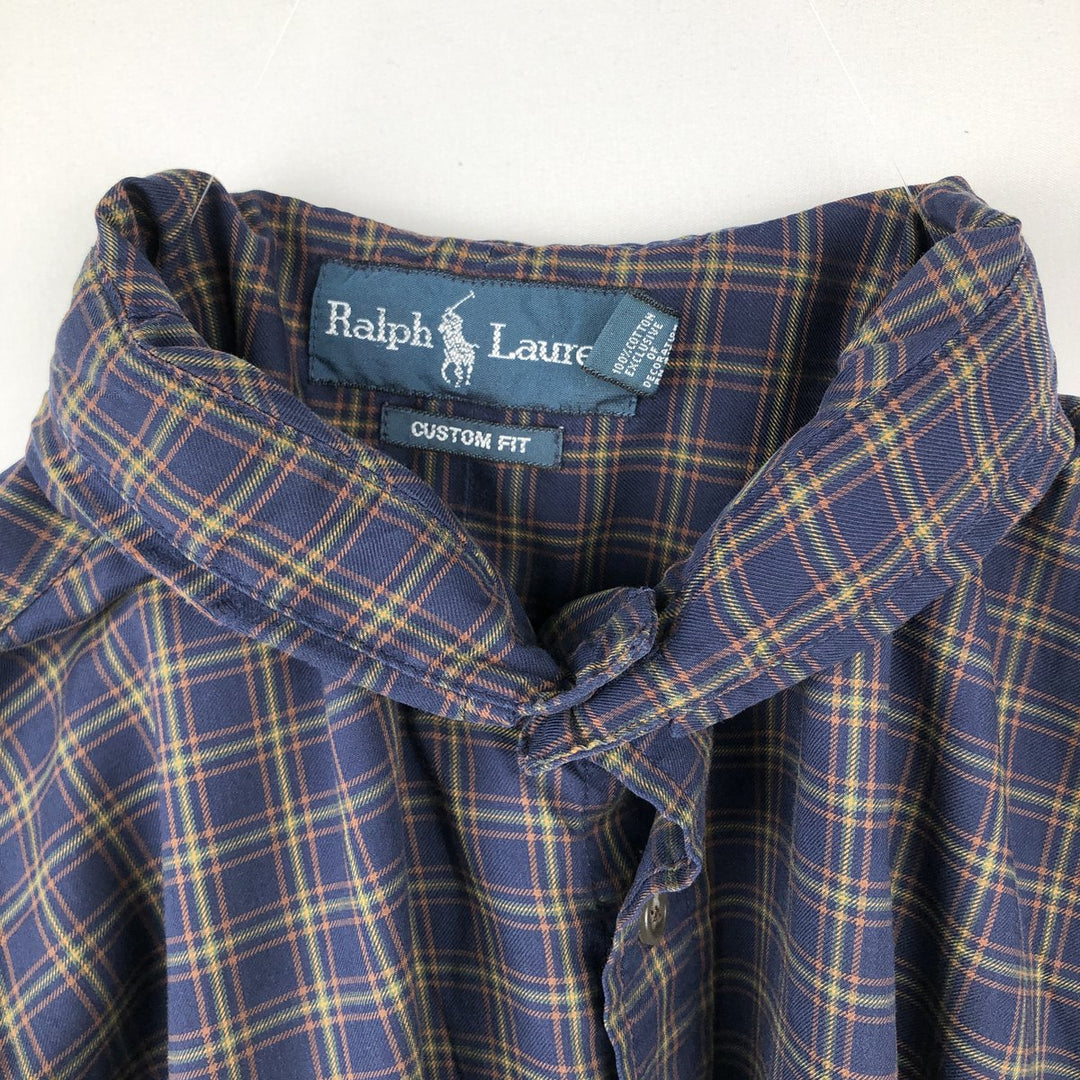Ralph Lauren CUSTOM FIT long sleeve button down check shirt, men's size L cotton navy blue type Vintage Second Hand