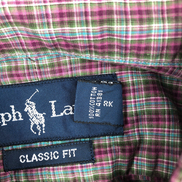 Ralph Lauren Classic Fit Check Pattern Long Sleeve Button Down Check Shirt Men's Size L cotton purple type Vintage Second Hand