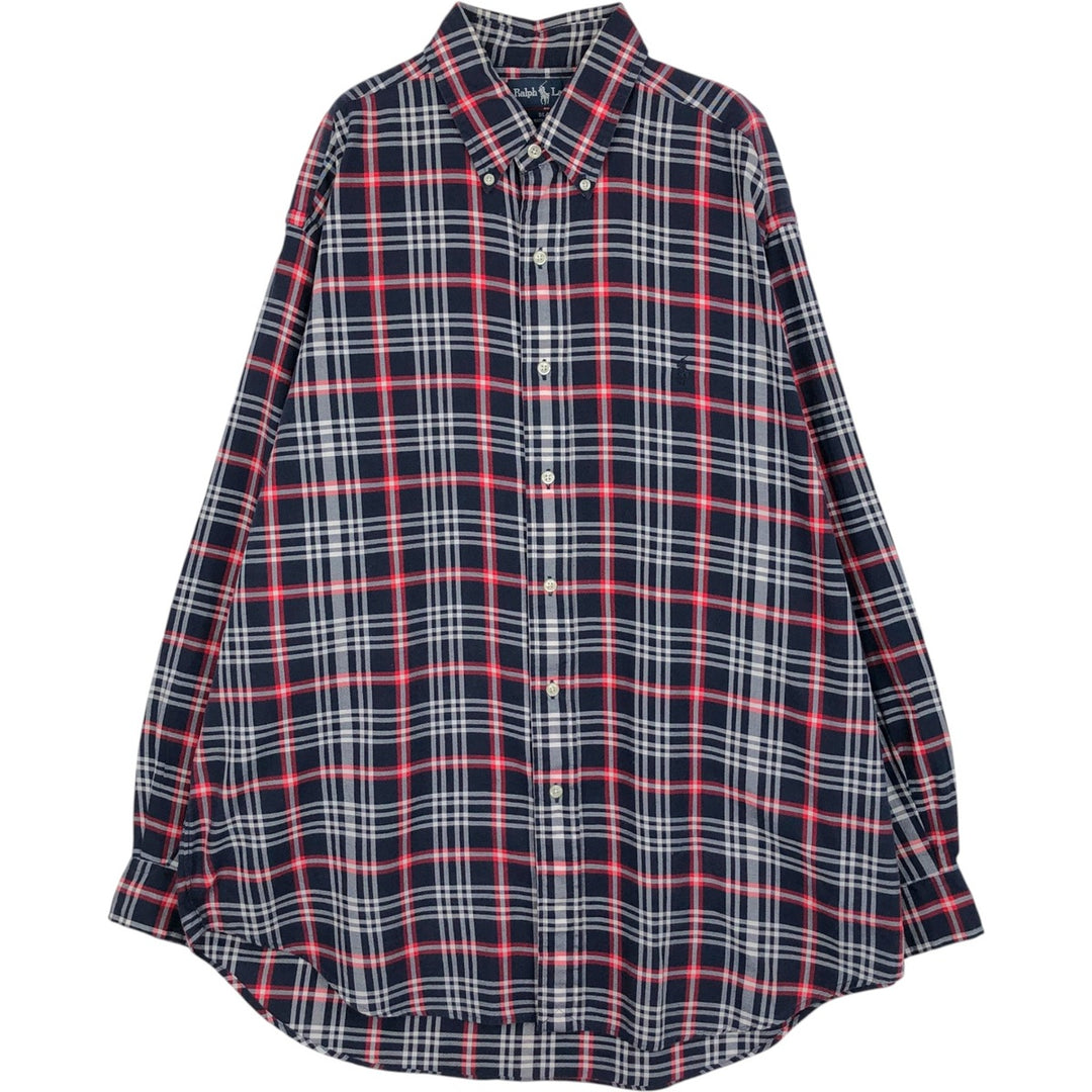 Ralph Lauren BLAKE long sleeve button down check shirt, men's size L cotton navy blue type Vintage Second Hand