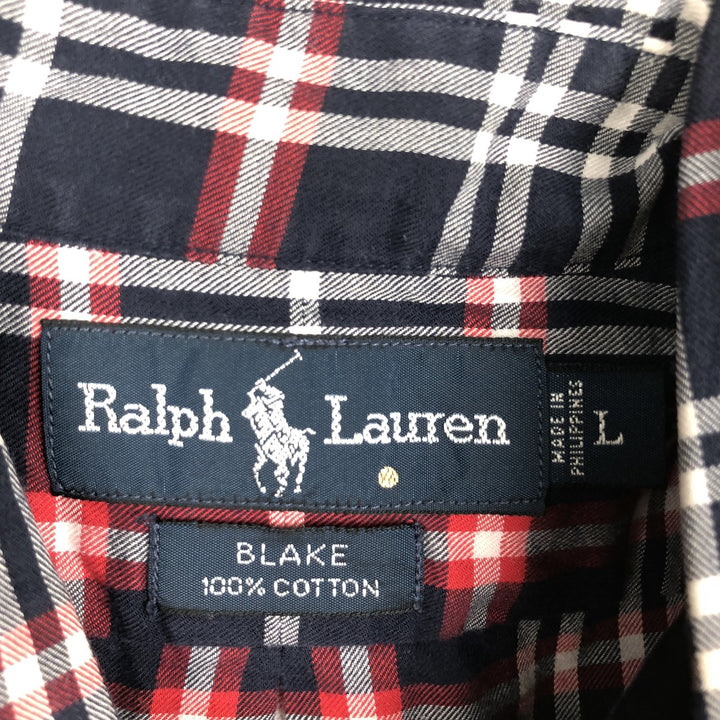 Ralph Lauren BLAKE long sleeve button down check shirt, men's size L cotton navy blue type Vintage Second Hand