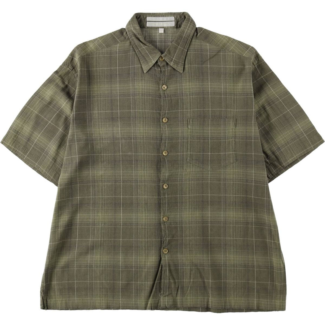 Perry Ellis short-sleeved cotton check shirt, boxy style, men's size L equivalent. cotton Khaki type Vintage Second Hand