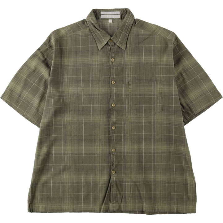 Perry Ellis short-sleeved cotton check shirt, boxy style, men's size L equivalent. cotton Khaki type Vintage Second Hand