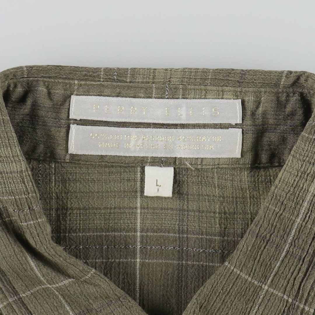 Perry Ellis short-sleeved cotton check shirt, boxy style, men's size L equivalent. cotton Khaki type Vintage Second Hand