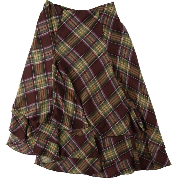 NEWPORT NEWS Check Pattern Midi Length Irregular Hem Tiered Skirt (Women's Size L) silk dark chocolate Vintage Second Hand