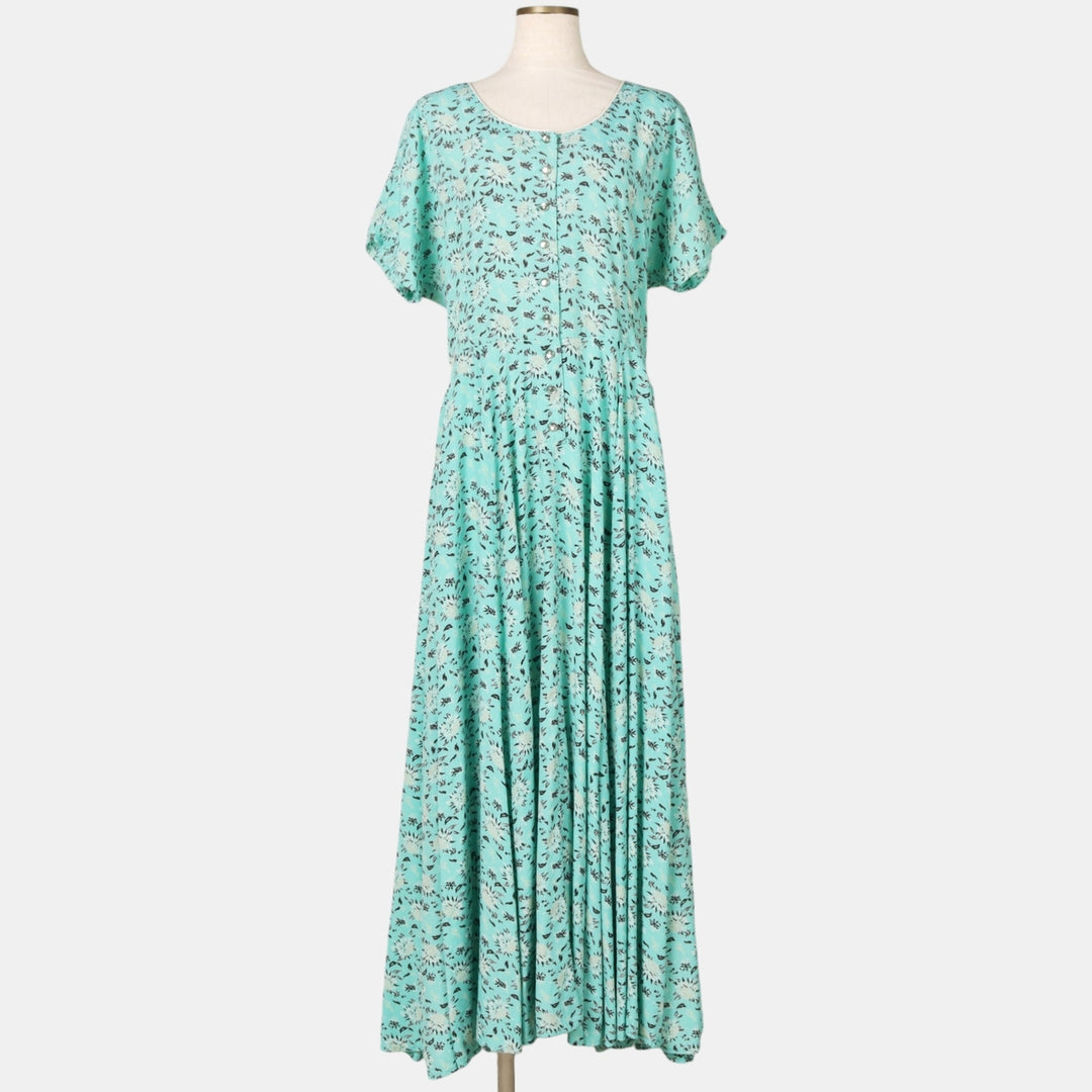 70s-80'S Desert West all-over botanical pattern long, short-sleeved, flared dress, made in USA, women's size M equivalent, vintage. Rayon Mint green Vintage Second Hand