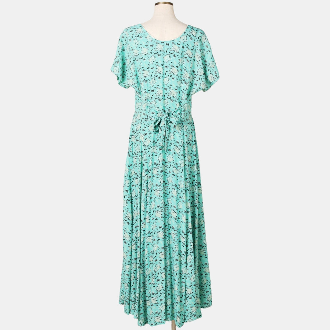 70s-80'S Desert West all-over botanical pattern long, short-sleeved, flared dress, made in USA, women's size M equivalent, vintage. Rayon Mint green Vintage Second Hand