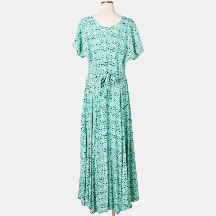 70s-80'S Desert West all-over botanical pattern long, short-sleeved, flared dress, made in USA, women's size M equivalent, vintage. Rayon Mint green Vintage Second Hand