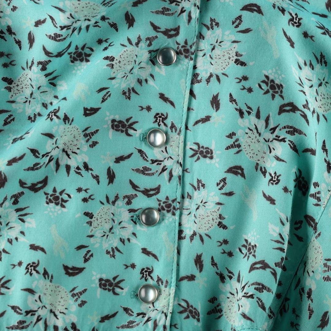 70s-80'S Desert West all-over botanical pattern long, short-sleeved, flared dress, made in USA, women's size M equivalent, vintage. Rayon Mint green Vintage Second Hand