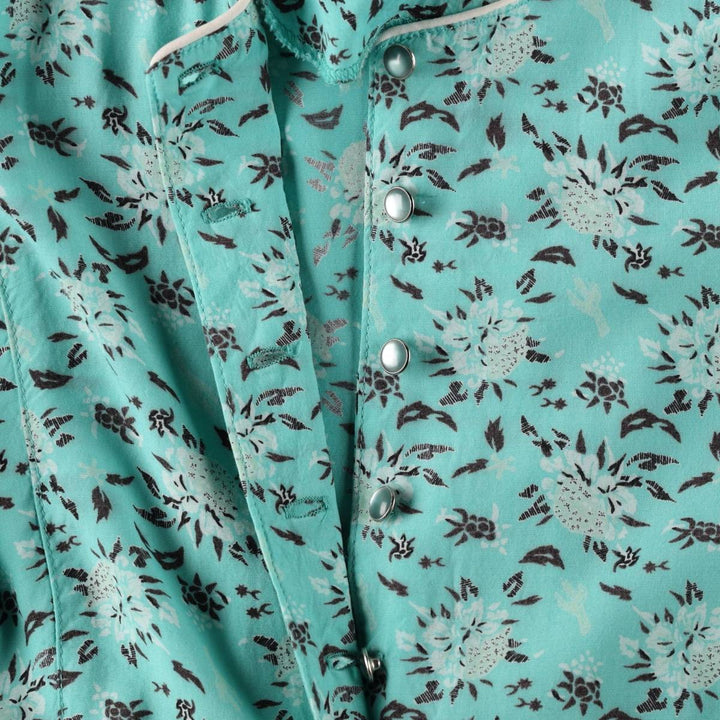70s-80'S Desert West all-over botanical pattern long, short-sleeved, flared dress, made in USA, women's size M equivalent, vintage. Rayon Mint green Vintage Second Hand