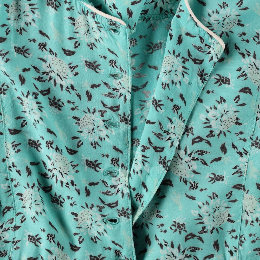 70s-80'S Desert West all-over botanical pattern long, short-sleeved, flared dress, made in USA, women's size M equivalent, vintage. Rayon Mint green Vintage Second Hand