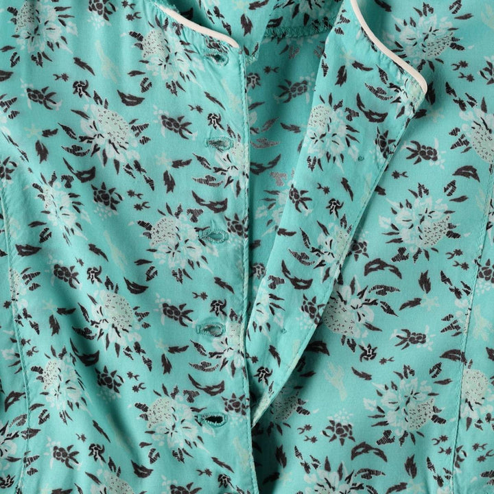 70s-80'S Desert West all-over botanical pattern long, short-sleeved, flared dress, made in USA, women's size M equivalent, vintage. Rayon Mint green Vintage Second Hand