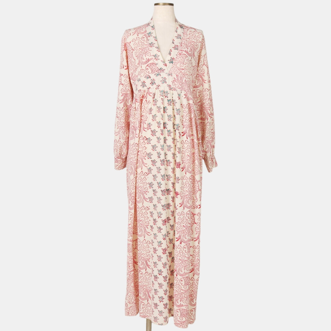 ~70'S style, all-over print, long-sleeved, block print, V-neck, maxi length, Indian cotton, flared dress, women's size M equivalent. unclear white type Vintage Second Hand