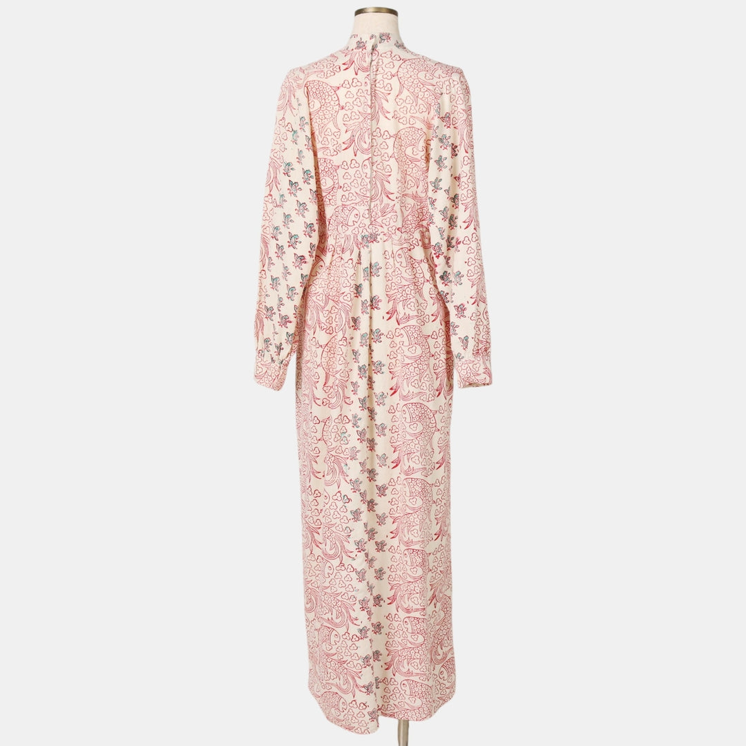 ~70'S style, all-over print, long-sleeved, block print, V-neck, maxi length, Indian cotton, flared dress, women's size M equivalent. unclear white type Vintage Second Hand