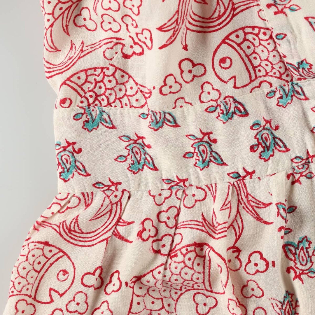 ~70'S style, all-over print, long-sleeved, block print, V-neck, maxi length, Indian cotton, flared dress, women's size M equivalent. unclear white type Vintage Second Hand