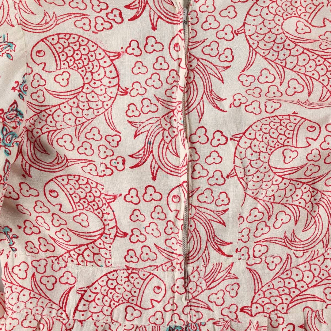 ~70'S style, all-over print, long-sleeved, block print, V-neck, maxi length, Indian cotton, flared dress, women's size M equivalent. unclear white type Vintage Second Hand