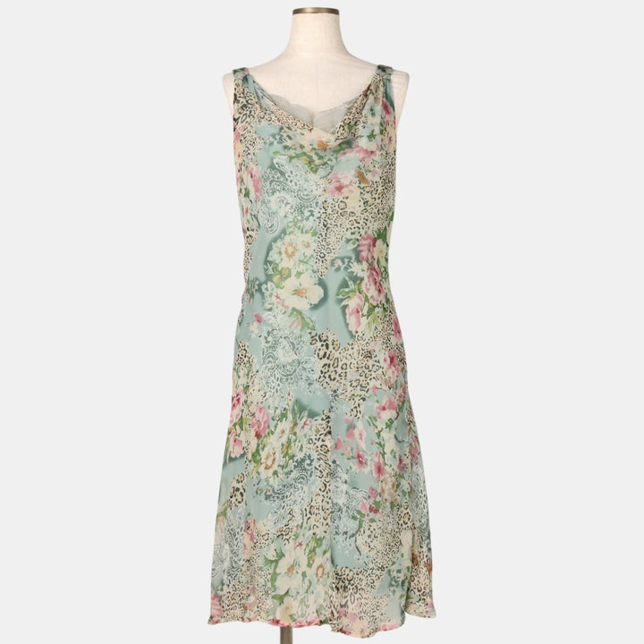 VISION All-over print, half-length, bead embroidered, sleeveless A-line dress, women's size L (approx.) silk Blue type light blue Vintage Second Hand