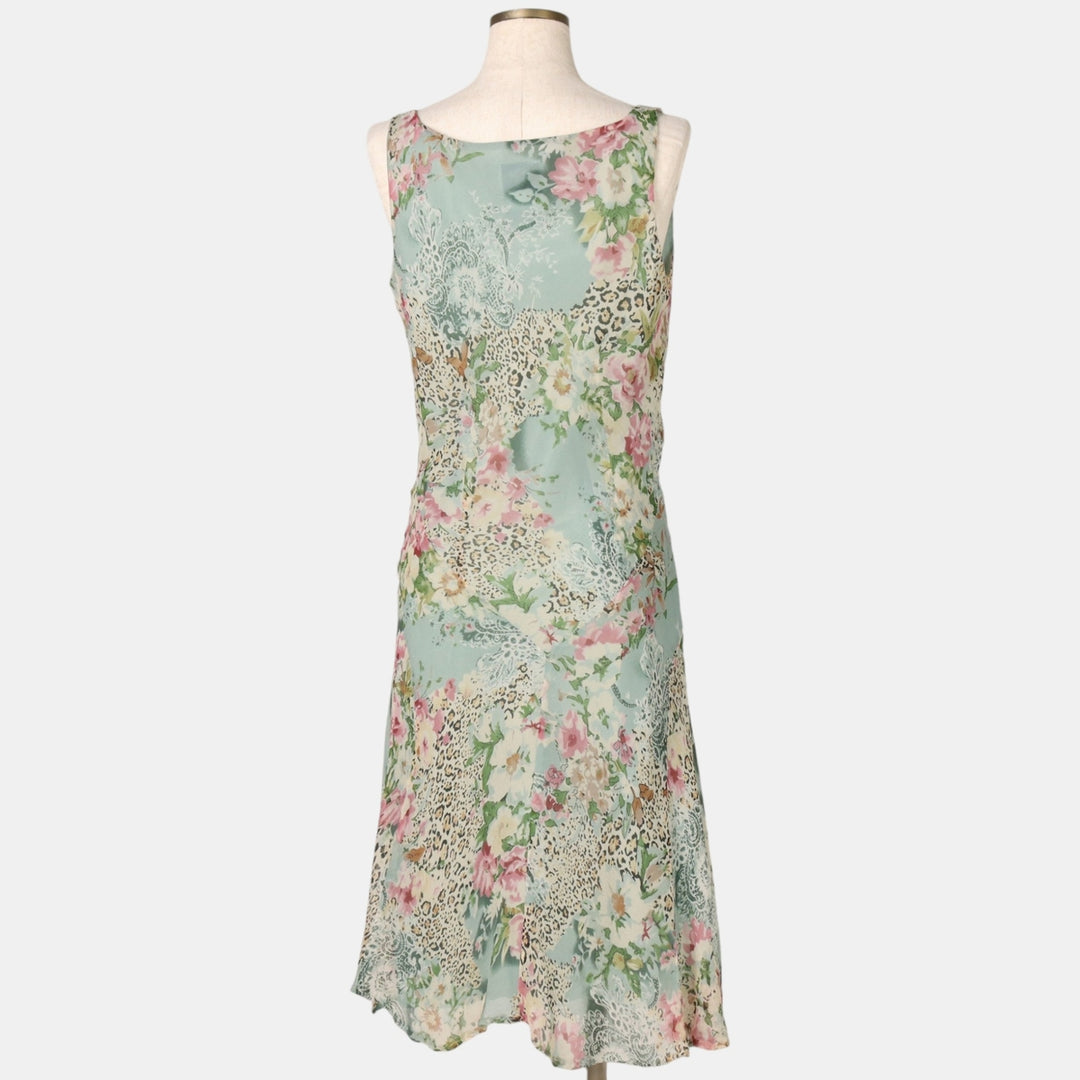 VISION All-over print, half-length, bead embroidered, sleeveless A-line dress, women's size L (approx.) silk Blue type light blue Vintage Second Hand