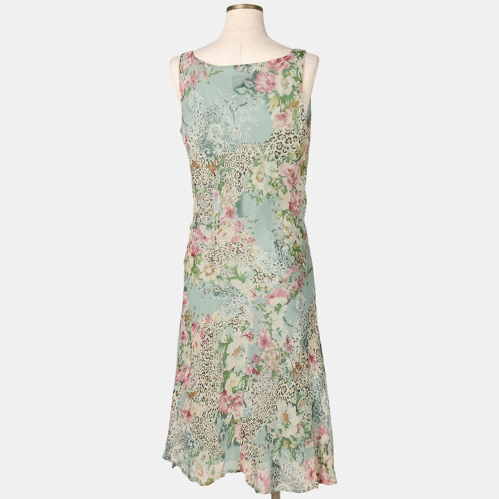 VISION All-over print, half-length, bead embroidered, sleeveless A-line dress, women's size L (approx.) silk Blue type light blue Vintage Second Hand