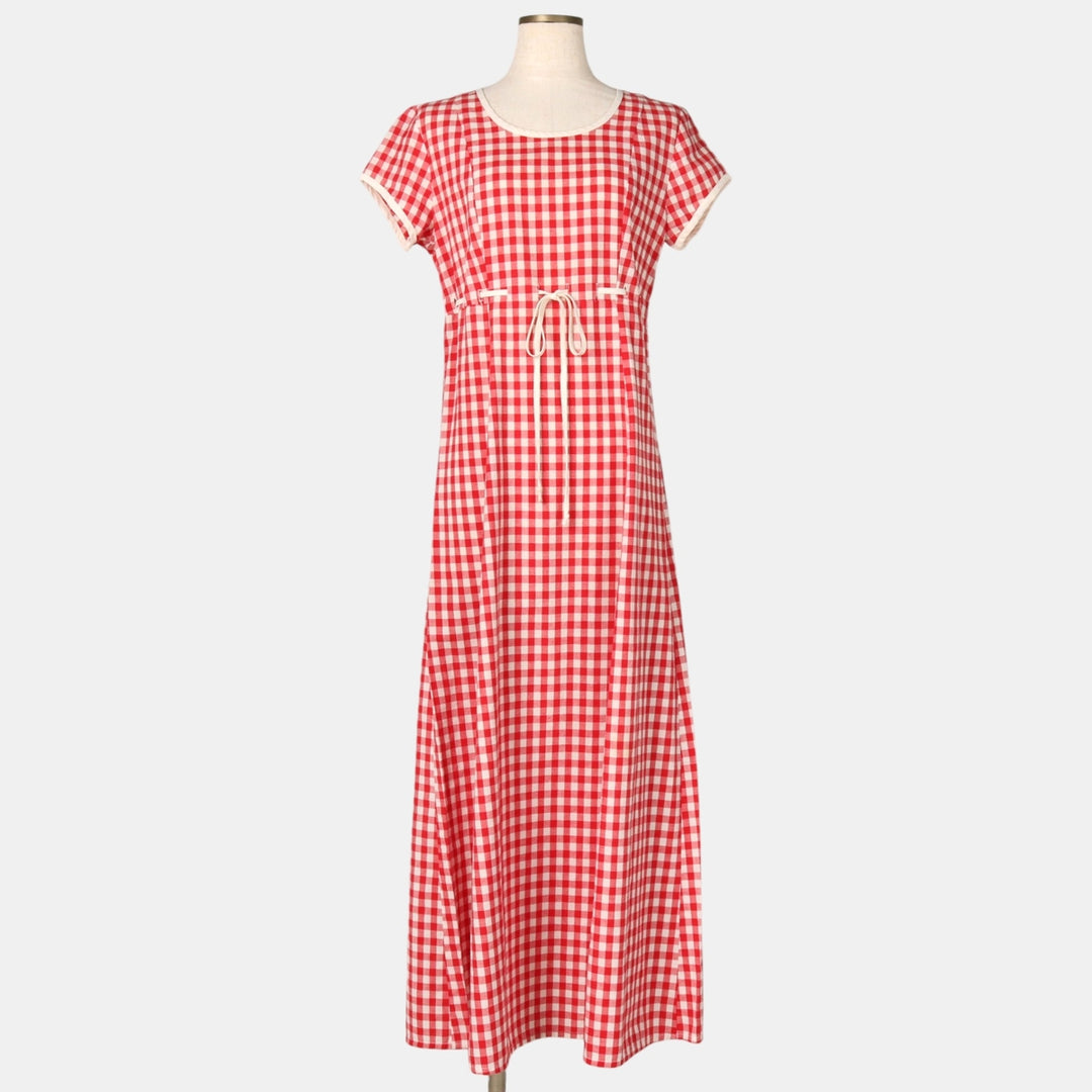 GRANITE Gingham Check Long Short-Sleeve Flared Dress, Made in USA, Women's Size M (Equivalent), Vintage cotton red type Vintage Second Hand