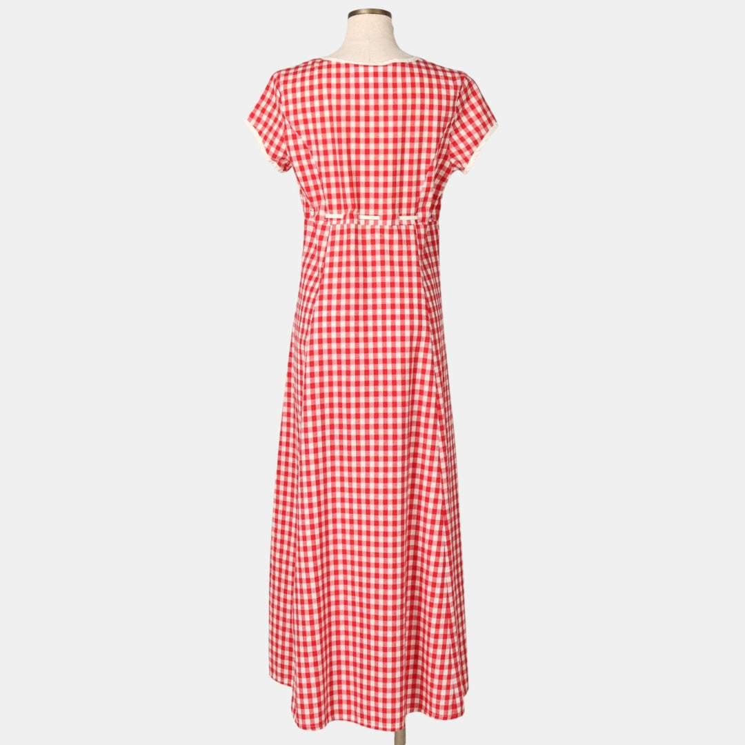 GRANITE Gingham Check Long Short-Sleeve Flared Dress, Made in USA, Women's Size M (Equivalent), Vintage cotton red type Vintage Second Hand