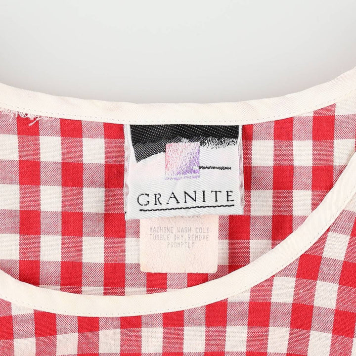 GRANITE Gingham Check Long Short-Sleeve Flared Dress, Made in USA, Women's Size M (Equivalent), Vintage cotton red type Vintage Second Hand