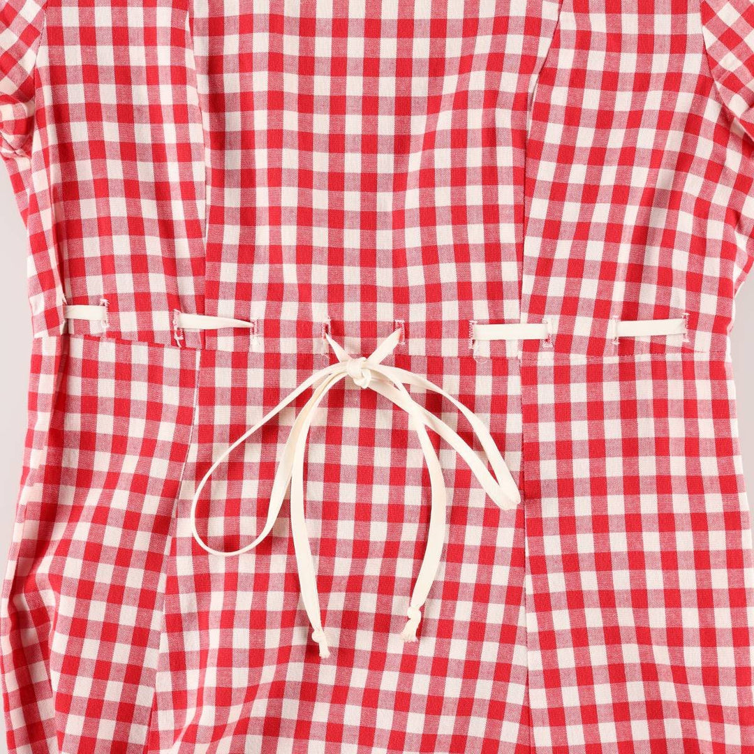 GRANITE Gingham Check Long Short-Sleeve Flared Dress, Made in USA, Women's Size M (Equivalent), Vintage cotton red type Vintage Second Hand